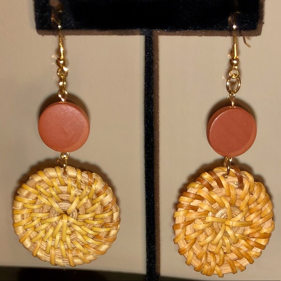 Bamboo Circle Earrings w/Orange Wood Dot - Picture 2 of 9